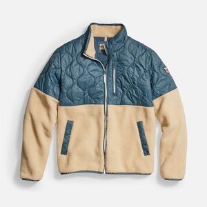 Blue Quilted tan Sherpa Puffer Jacket ECO Recycle Nylon by Marine layer